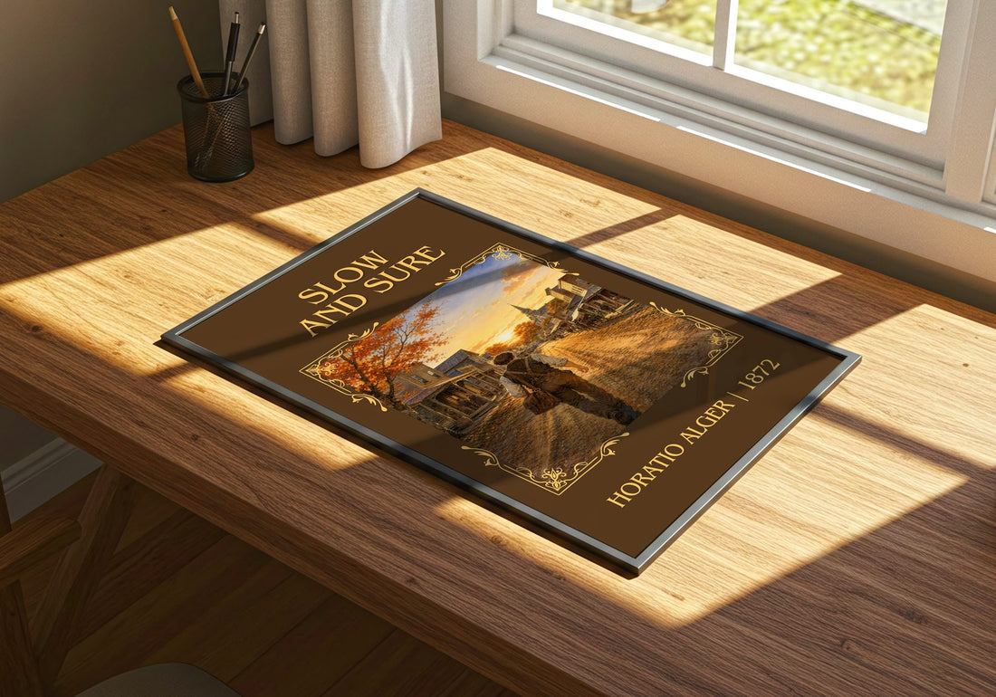 Slow And Sure Classic Book Art Print by Horatio Alger – print on a sunlit desk