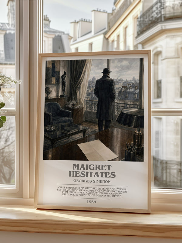 Maigret Hesitates Bookish Wall Art by Georges Simenon – framed print by a bright window