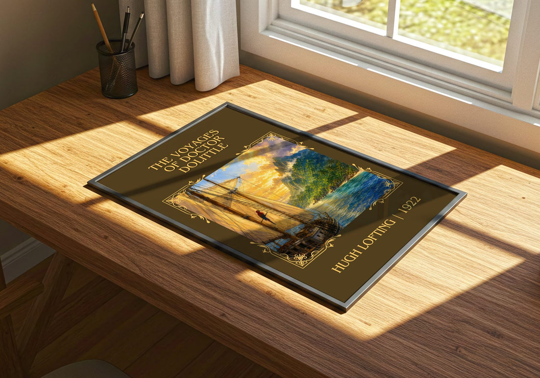 The Voyages Of Doctor Dolittle Classic Book Art Print by Hugh Lofting – print on a sunlit desk