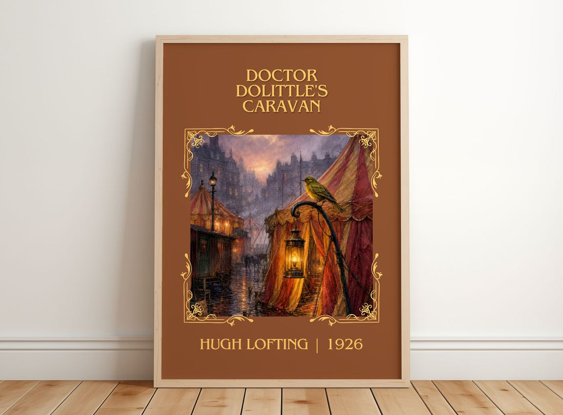 Doctor Dolittle's Caravan Classic Book Art Print by Hugh Lofting – framed print leaning on a wooden floor