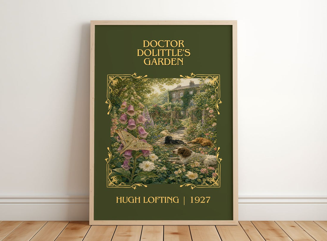 Doctor Dolittle's Garden Classic Book Art Print by Hugh Lofting – framed print leaning on a wooden floor