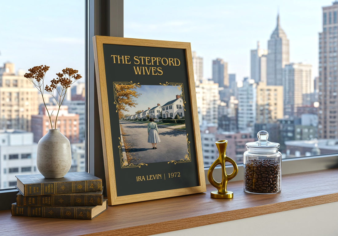 The Stepford Wives Classic Book Art Print by Ira Levin – framed print on a city-view windowsill