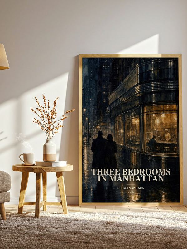 Three Bedrooms In Manhattan watercolour print in frame leaning in hallway – literary fiction wall art
