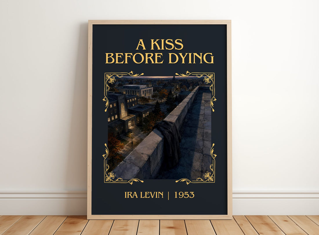 A Kiss Before Dying Classic Book Art Print by Ira Levin – framed print leaning on a wooden floor
