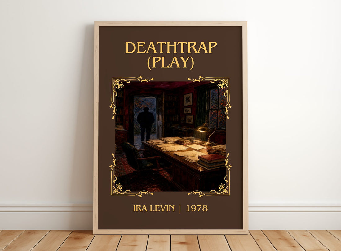 Deathtrap (Play) Classic Book Art Print by Ira Levin – framed print leaning on a wooden floor