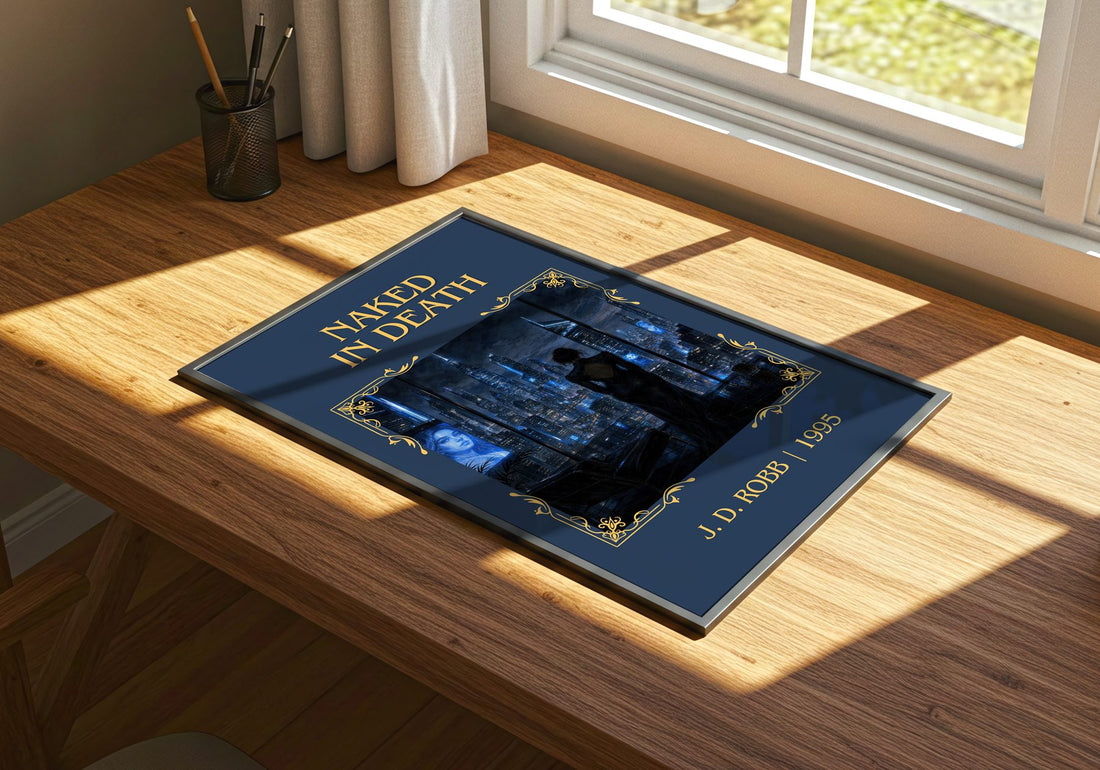 Naked In Death Classic Book Art Print by J. D. Robb – print on a sunlit desk