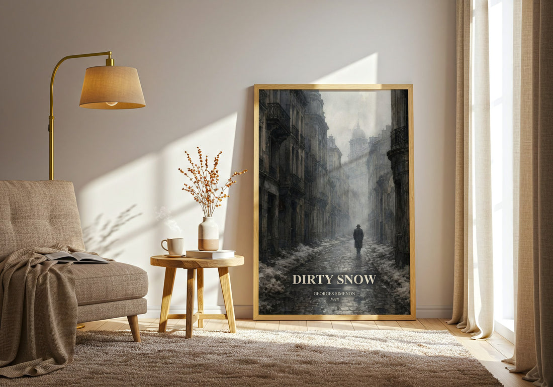Dirty Snow watercolour print in frame leaning in hallway – literary fiction wall art