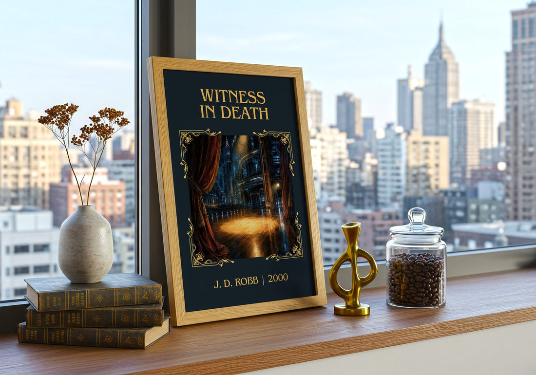 Witness In Death Classic Book Art Print by J. D. Robb – framed print on a city-view windowsill