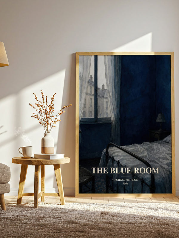 The Blue Room watercolour print in frame leaning in hallway – crime wall art