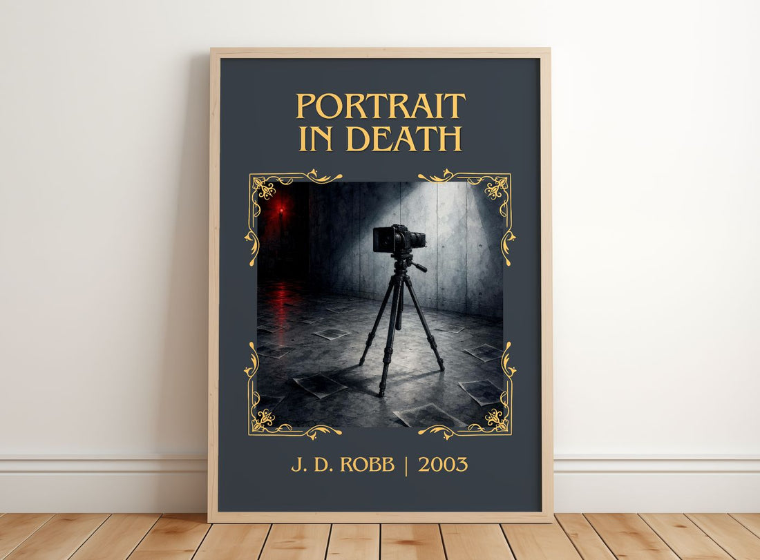Portrait In Death Classic Book Art Print by J. D. Robb – framed print leaning on a wooden floor