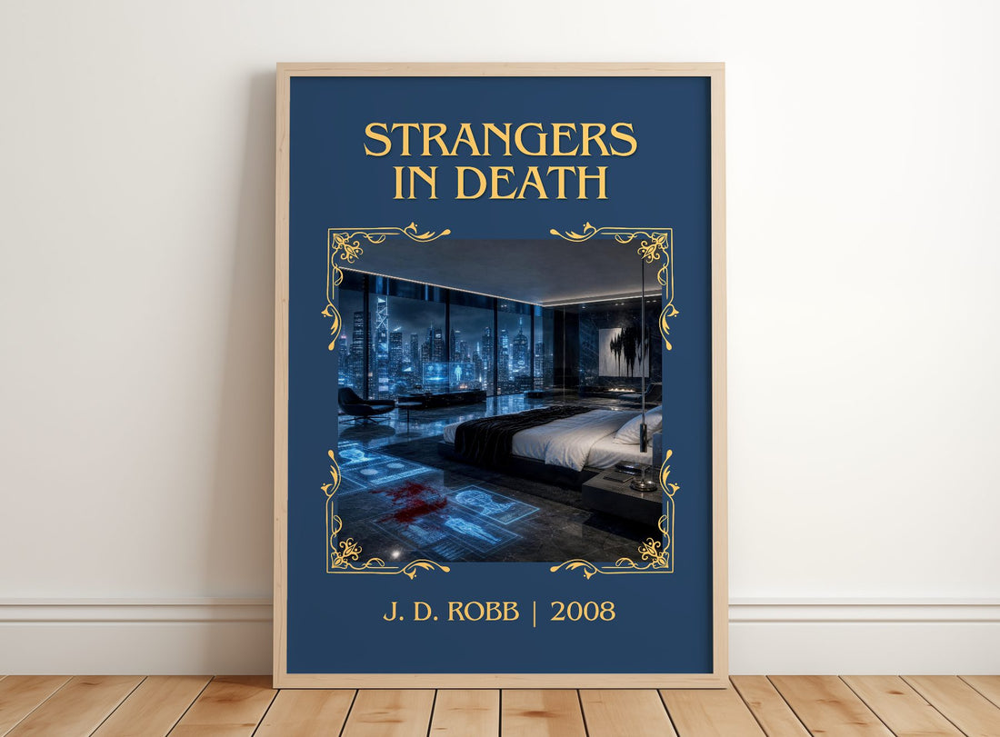 Strangers In Death Classic Book Art Print by J. D. Robb – framed print leaning on a wooden floor