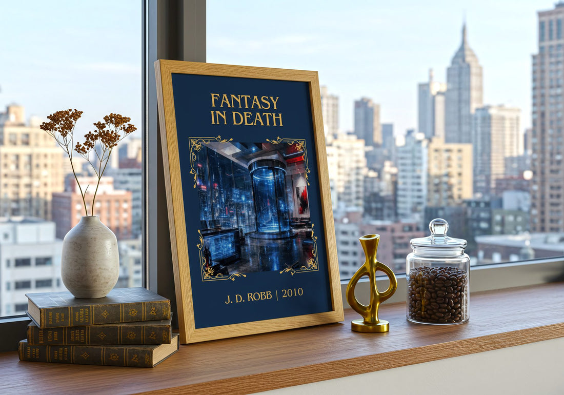 Fantasy In Death Classic Book Art Print by J. D. Robb – framed print on a city-view windowsill