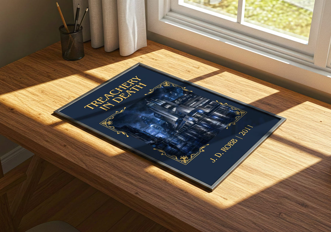 Treachery In Death Classic Book Art Print by J. D. Robb – print on a sunlit desk