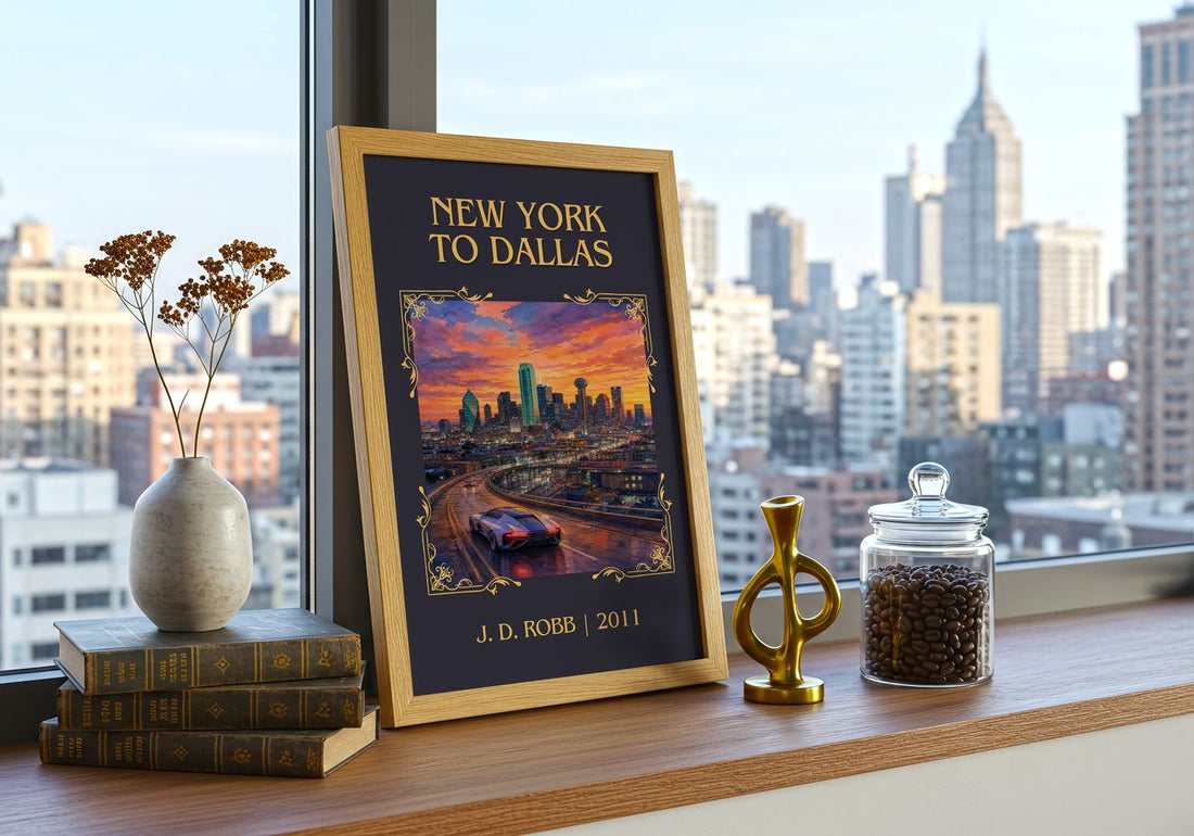 New York To Dallas Classic Book Art Print by J. D. Robb – framed print on a city-view windowsill