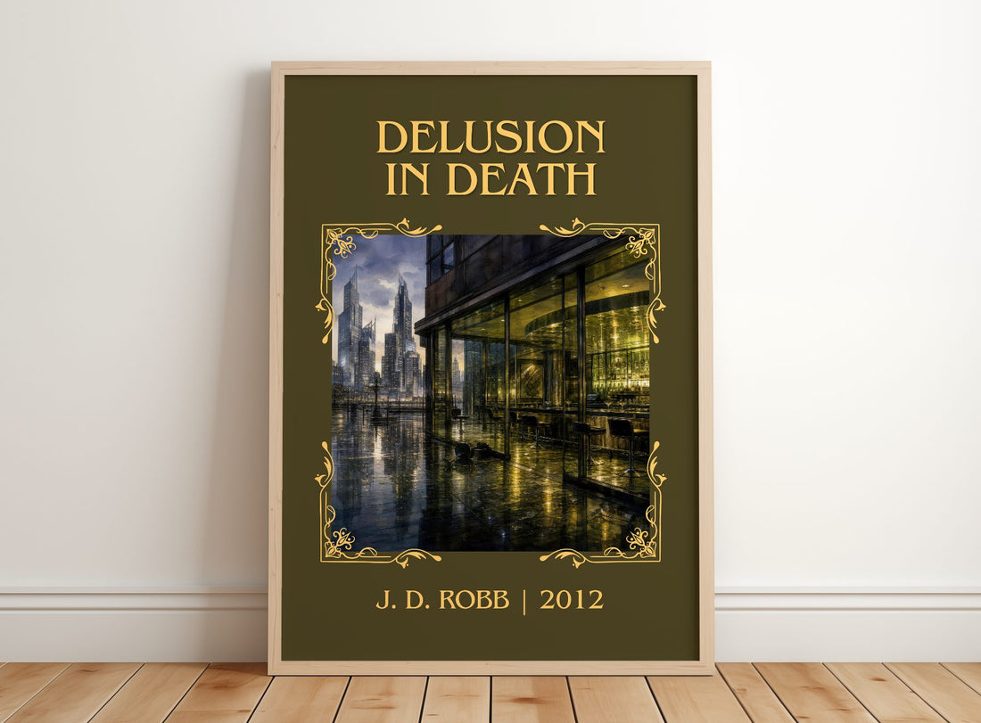 Delusion In Death Classic Book Art Print by J. D. Robb – framed print leaning on a wooden floor