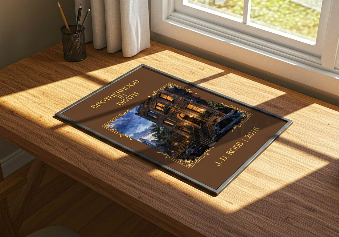 Brotherhood In Death Classic Book Art Print by J. D. Robb – print on a sunlit desk