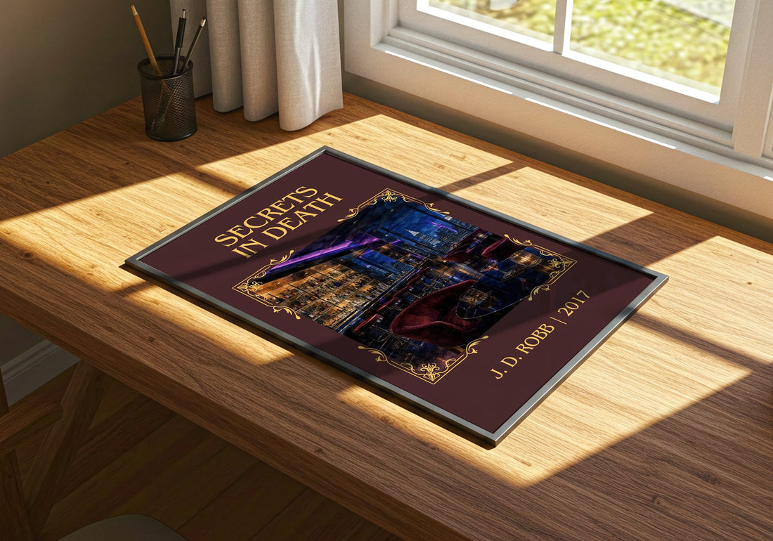 Secrets In Death Classic Book Art Print by J. D. Robb – print on a sunlit desk