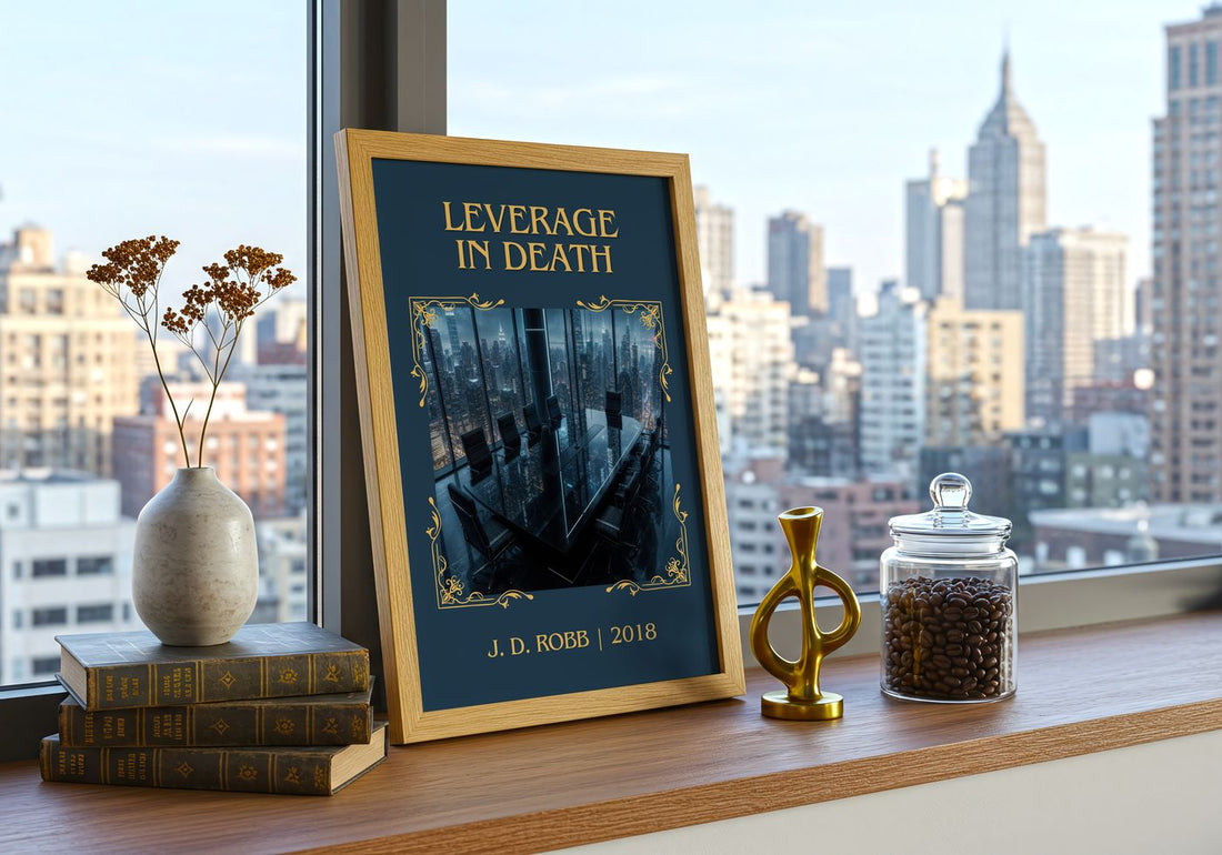 Leverage In Death Classic Book Art Print by J. D. Robb – framed print on a city-view windowsill