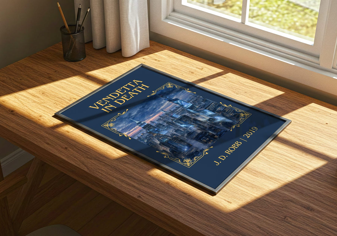 Vendetta In Death Classic Book Art Print by J. D. Robb – print on a sunlit desk