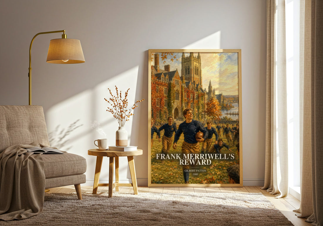 Frank Merriwell'S Reward watercolour print in frame leaning in hallway – adventure wall art (mockup)