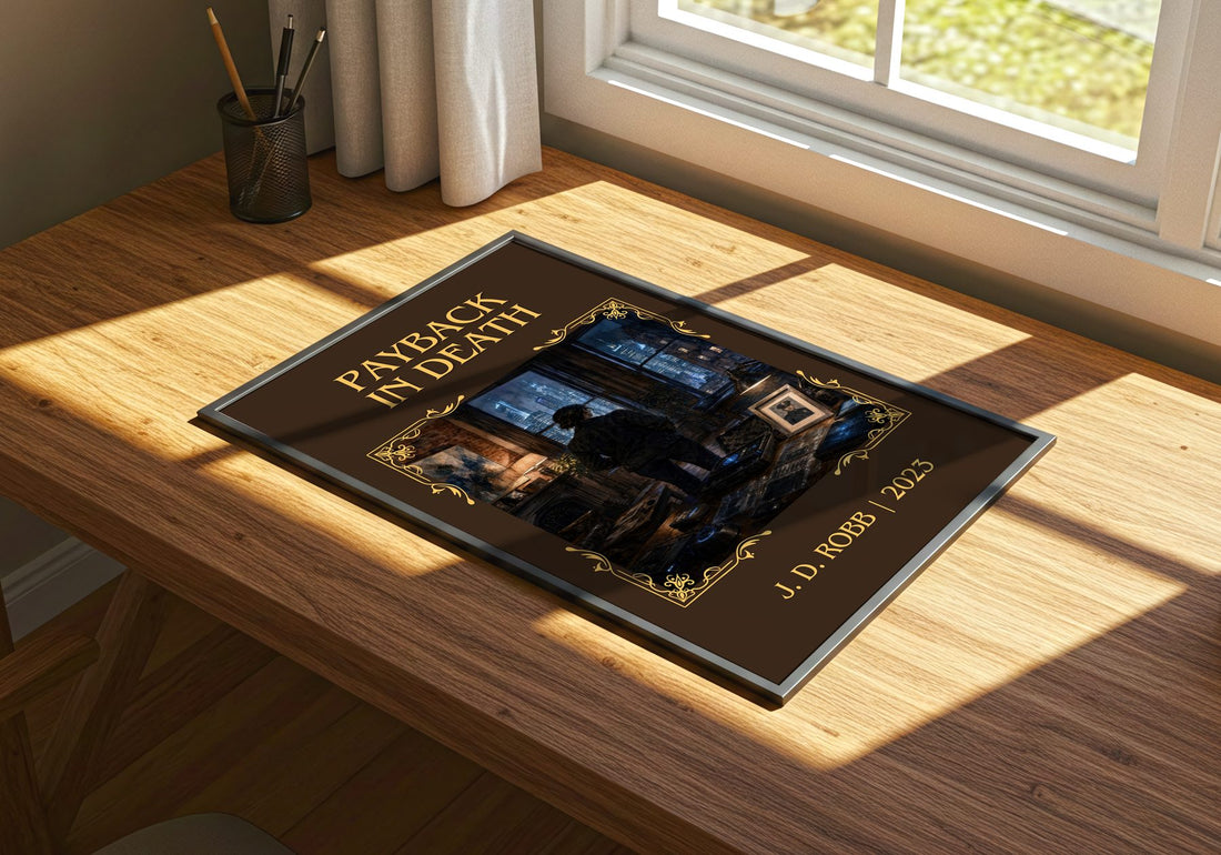 Payback In Death Classic Book Art Print by J. D. Robb – print on a sunlit desk