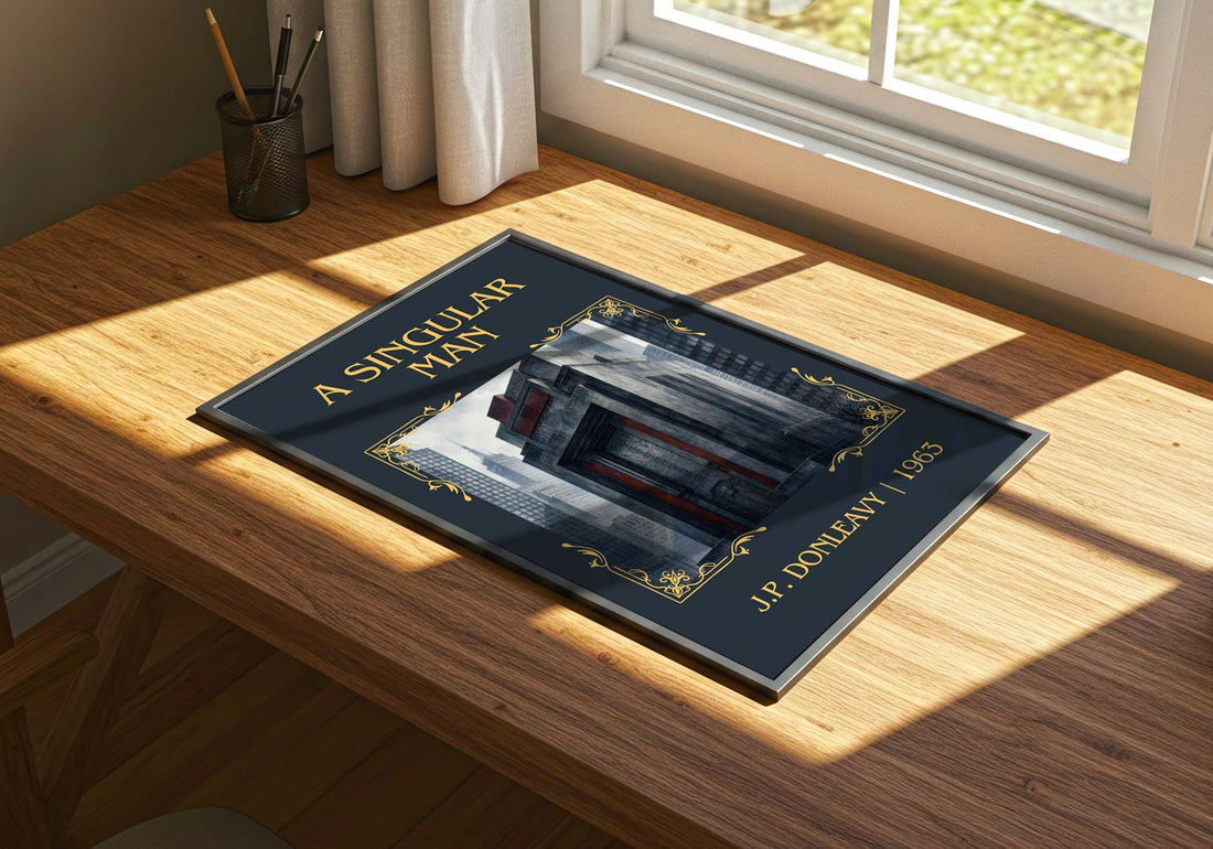 A Singular Man Classic Book Art Print by J.P. Donleavy – print on a sunlit desk