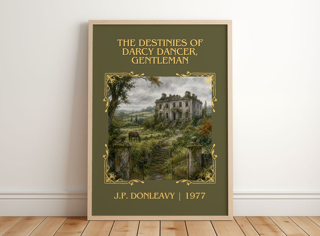 The Destinies Of Darcy Dancer, Gentleman Classic Book Art Print by J.P. Donleavy – framed print leaning on a wooden floor