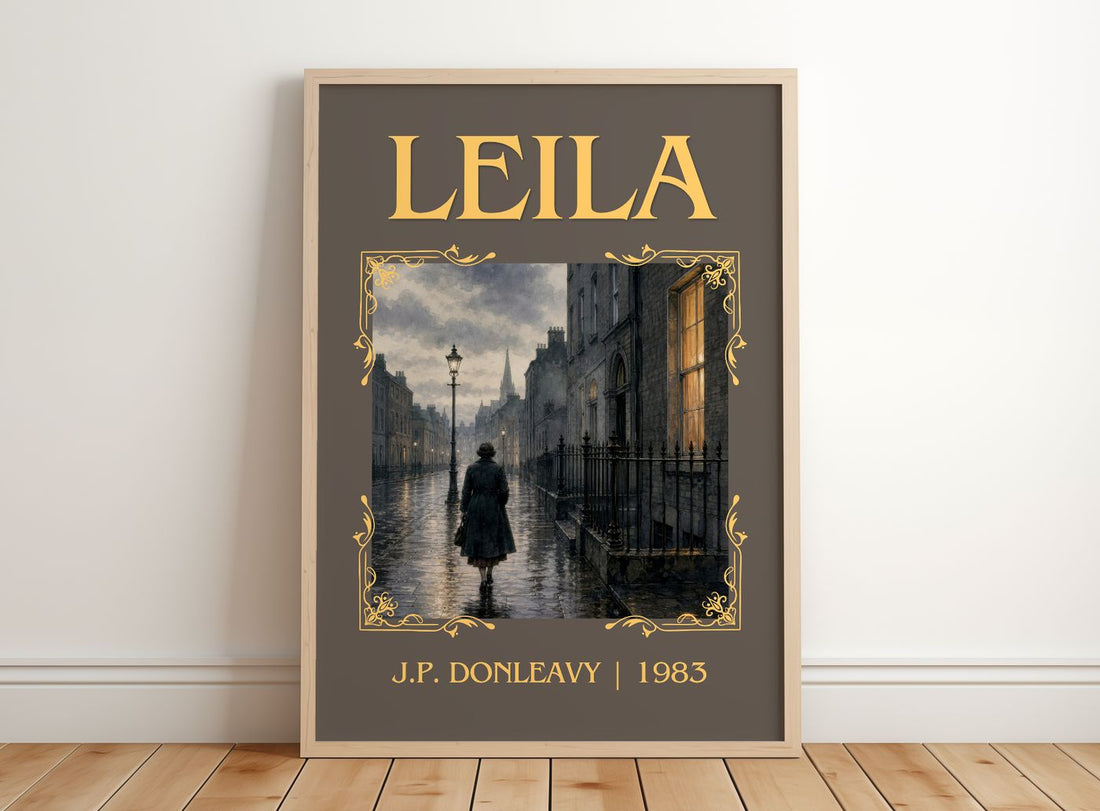 Leila Classic Book Art Print by J.P. Donleavy – framed print leaning on a wooden floor
