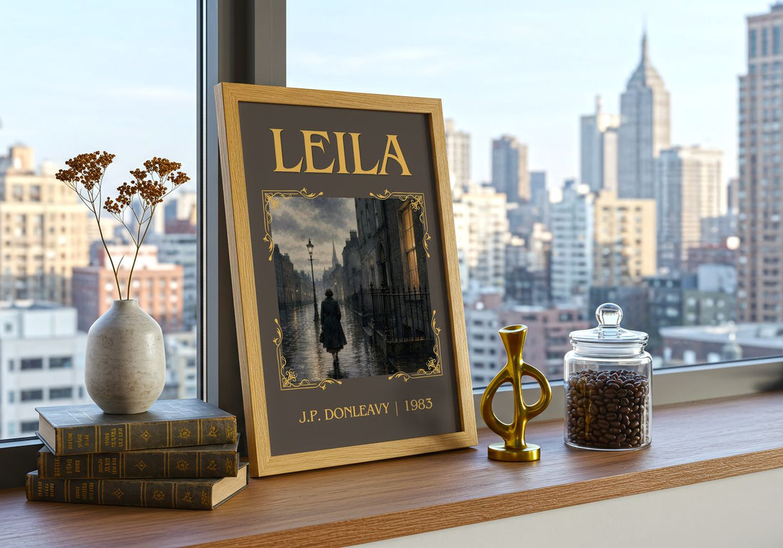 Leila Classic Book Art Print by J.P. Donleavy – framed print on a city-view windowsill