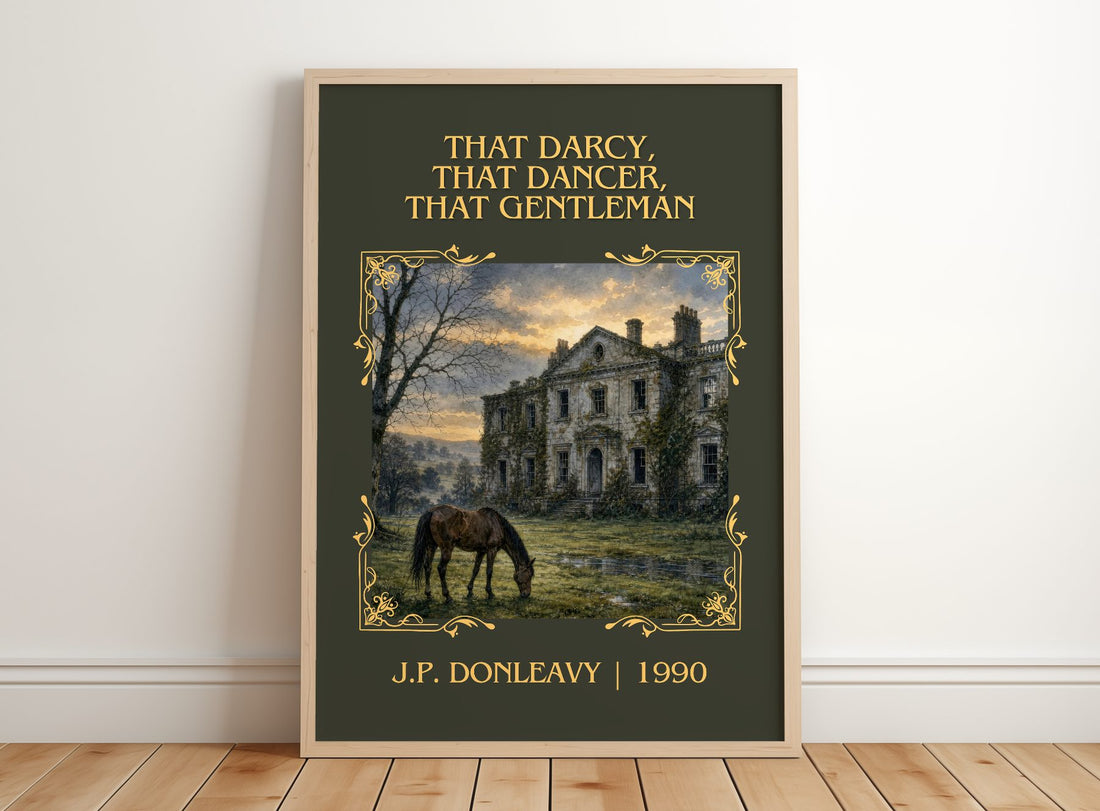 That Darcy, That Dancer, That Gentleman Classic Book Art Print by J.P. Donleavy – framed print leaning on a wooden floor