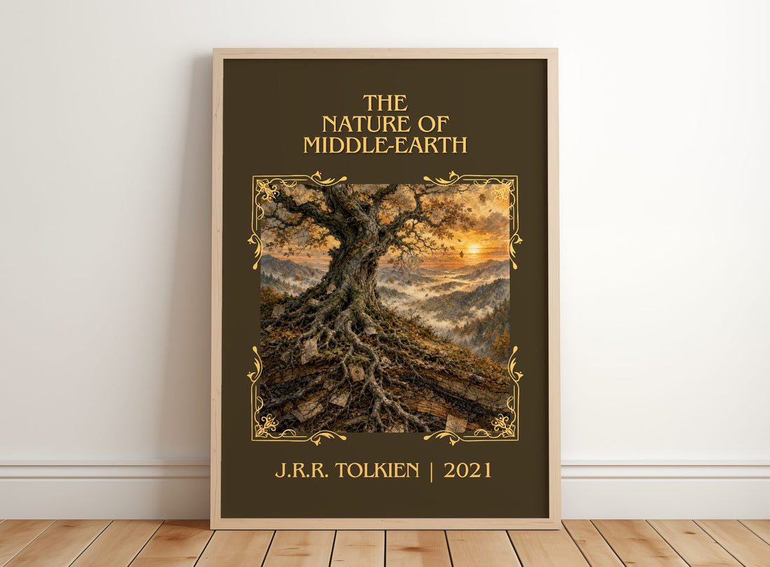 The Nature Of Middle-Earth Classic Book Art Print by J.R.R. Tolkien – framed print leaning on a wooden floor