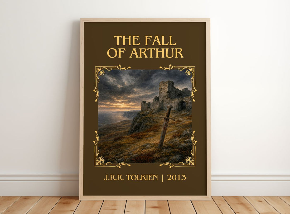 The Fall Of Arthur Classic Book Art Print by J.R.R. Tolkien – framed print leaning on a wooden floor