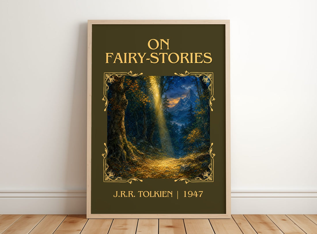 On Fairy-Stories Classic Book Art Print by J.R.R. Tolkien – framed print leaning on a wooden floor