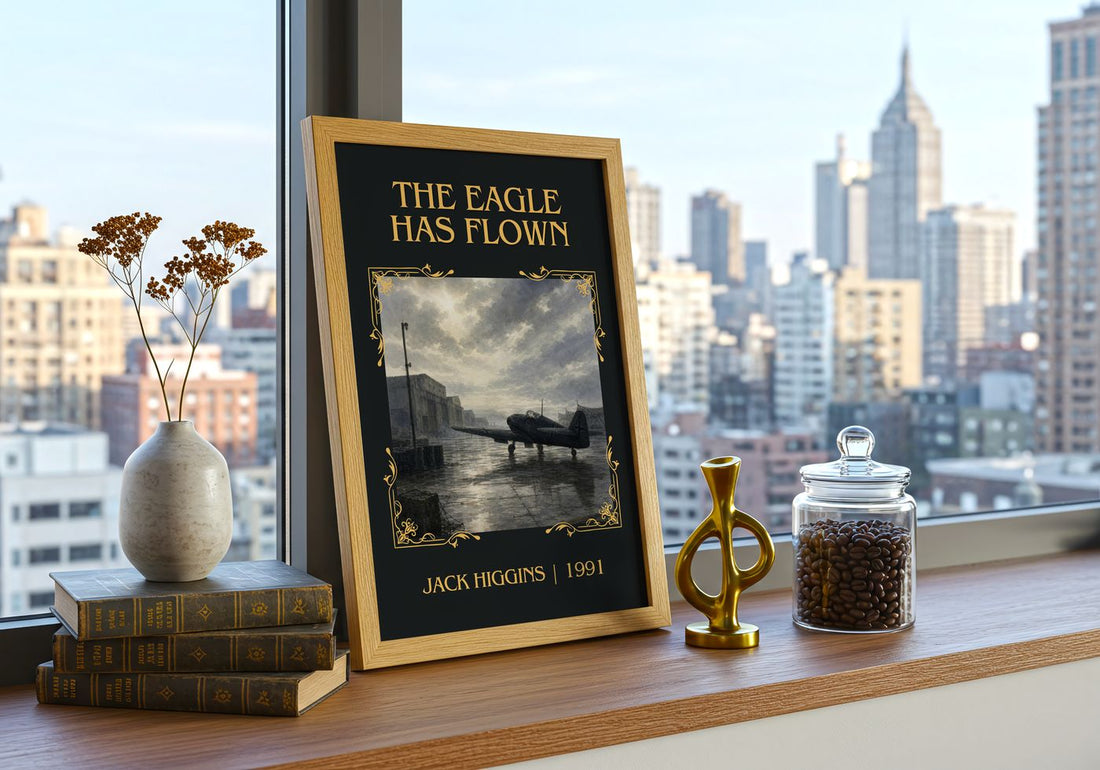 The Eagle Has Flown Classic Book Art Print by Jack Higgins – framed print on a city-view windowsill