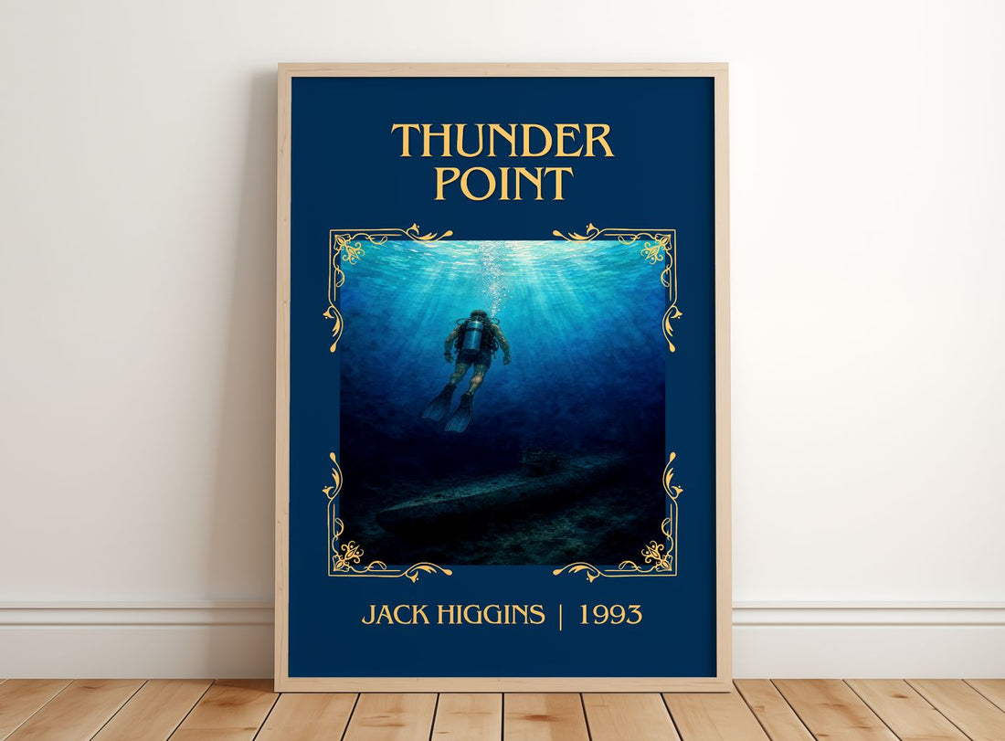 Thunder Point Classic Book Art Print by Jack Higgins – framed print leaning on a wooden floor