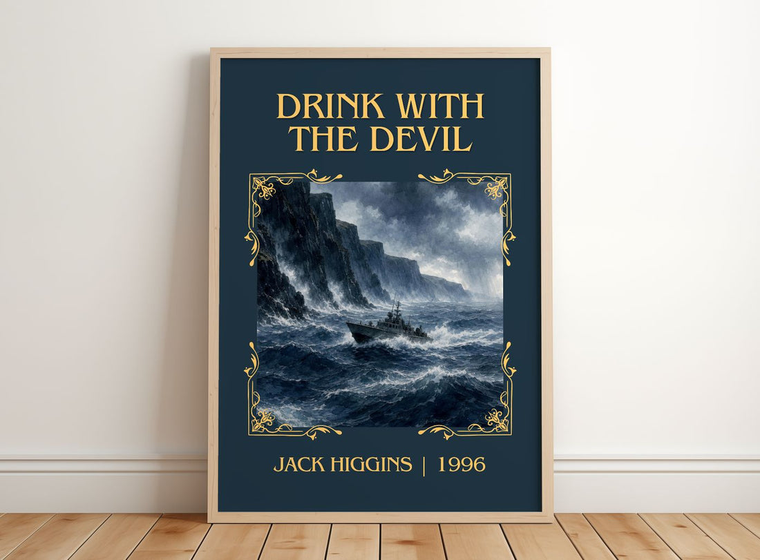 Drink With The Devil Classic Book Art Print by Jack Higgins – framed print leaning on a wooden floor