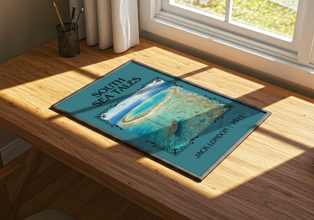 South Sea Tales Classic Book Art Print by Jack London – print on a sunlit desk