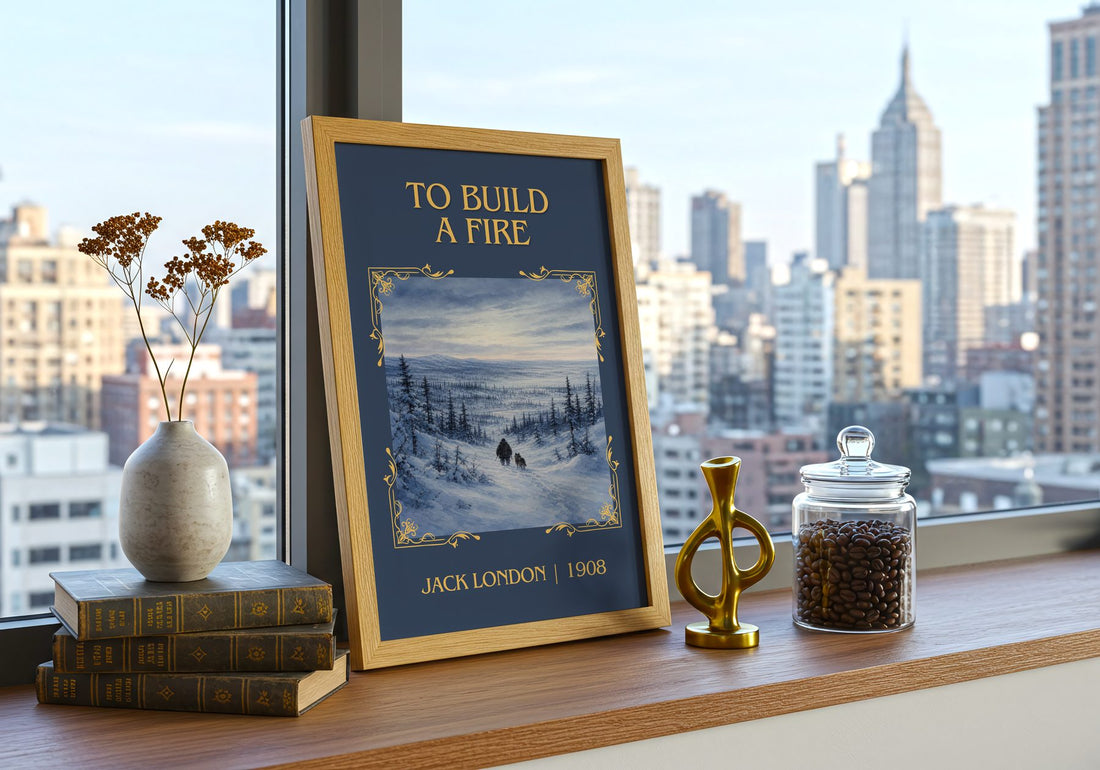To Build A Fire Classic Book Art Print by Jack London – framed print on a city-view windowsill