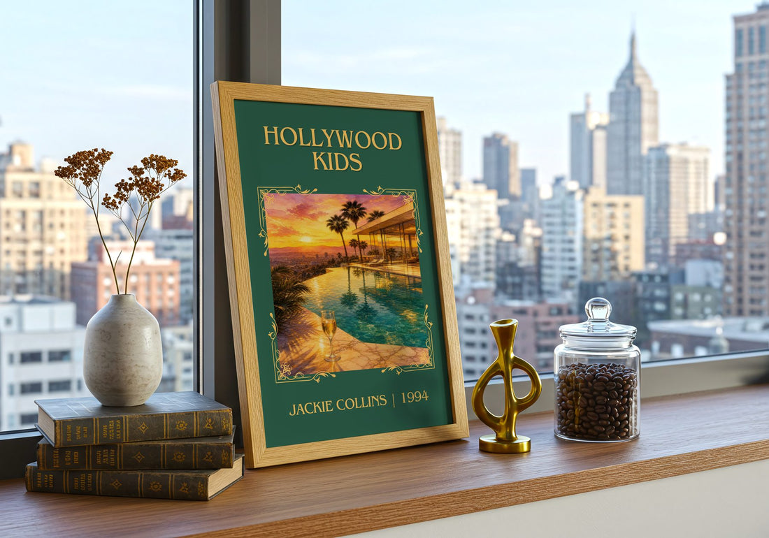Hollywood Kids Classic Book Art Print by Jackie Collins – framed print on a city-view windowsill