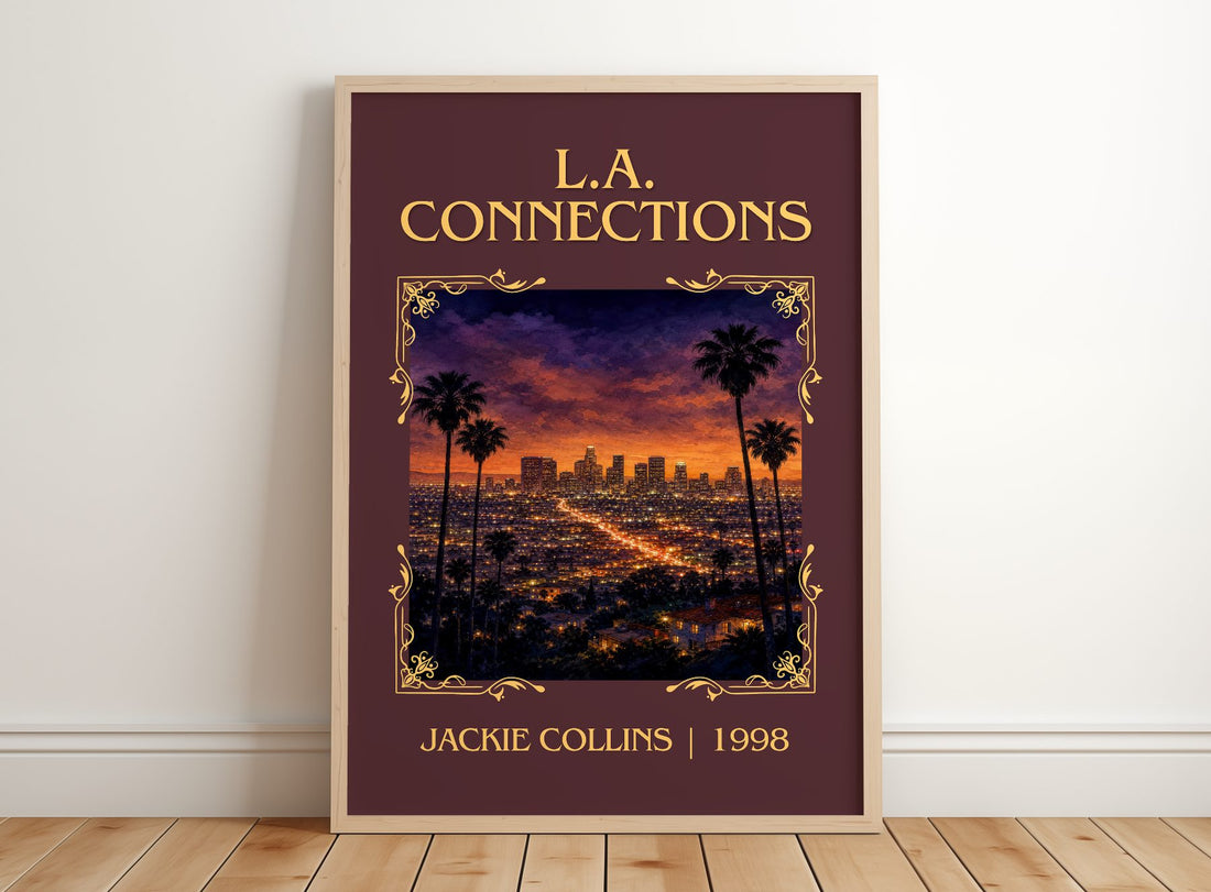 L.A. Connections Classic Book Art Print by Jackie Collins – framed print leaning on a wooden floor