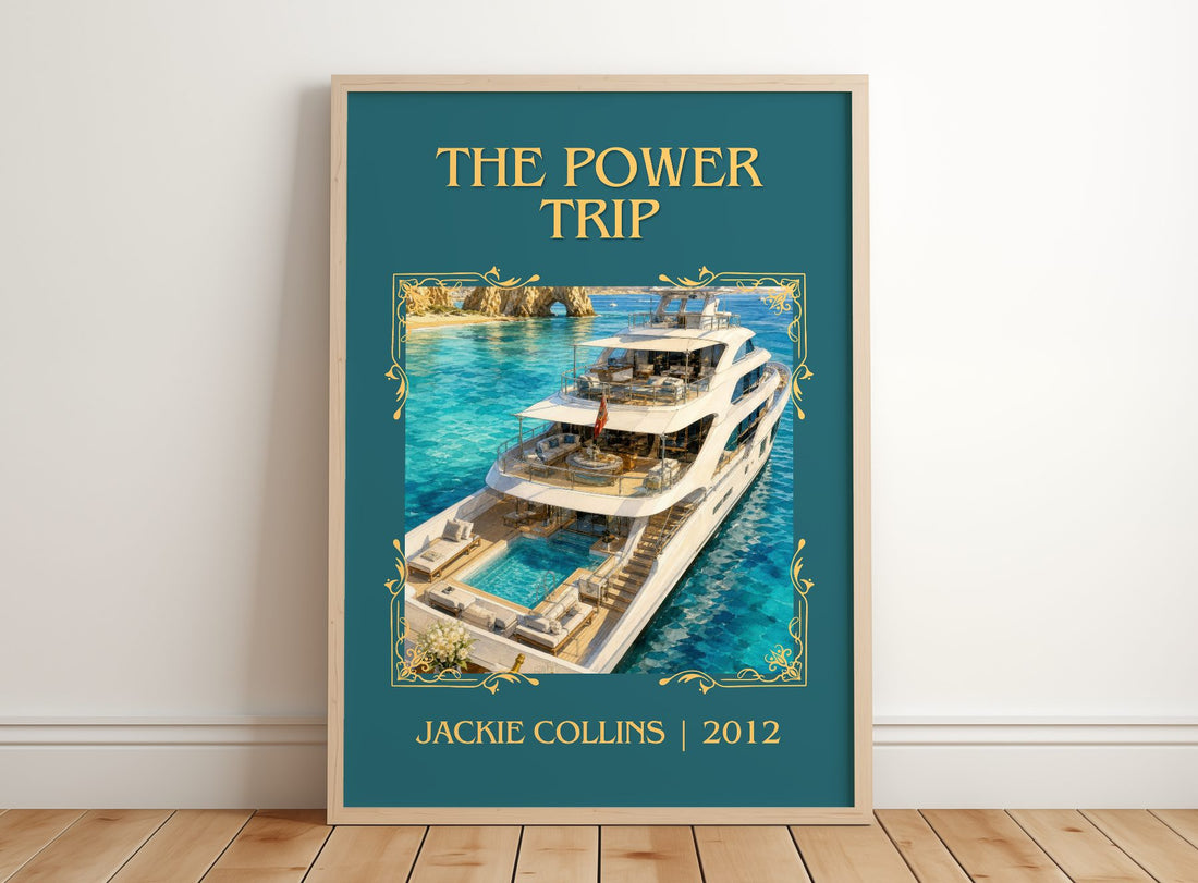 The Power Trip Classic Book Art Print by Jackie Collins – framed print leaning on a wooden floor