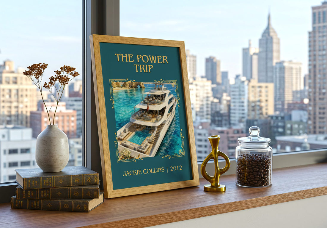 The Power Trip Classic Book Art Print by Jackie Collins – framed print on a city-view windowsill