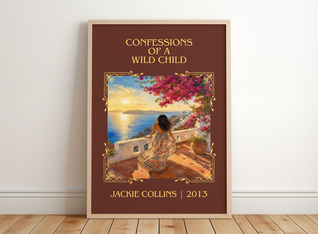 Confessions Of A Wild Child Classic Book Art Print by Jackie Collins – framed print leaning on a wooden floor