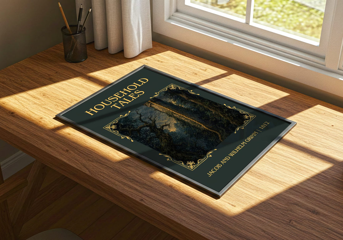 Household Tales Classic Book Art Print by Jacob And Wilhelm Grimm – print on a sunlit desk