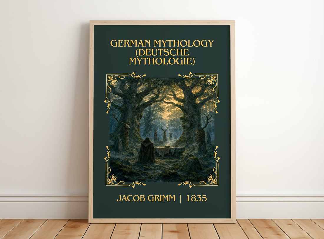 German Mythology (Deutsche Mythologie) Classic Book Art Print by Jacob Grimm – framed print leaning on a wooden floor