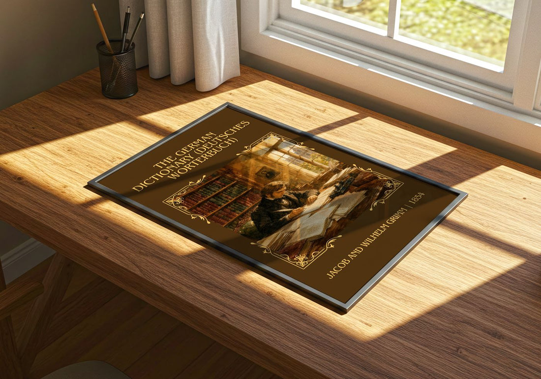 The German Dictionary (Deutsches Wörterbuch) Classic Book Art Print by Jacob And Wilhelm Grimm – print on a sunlit desk
