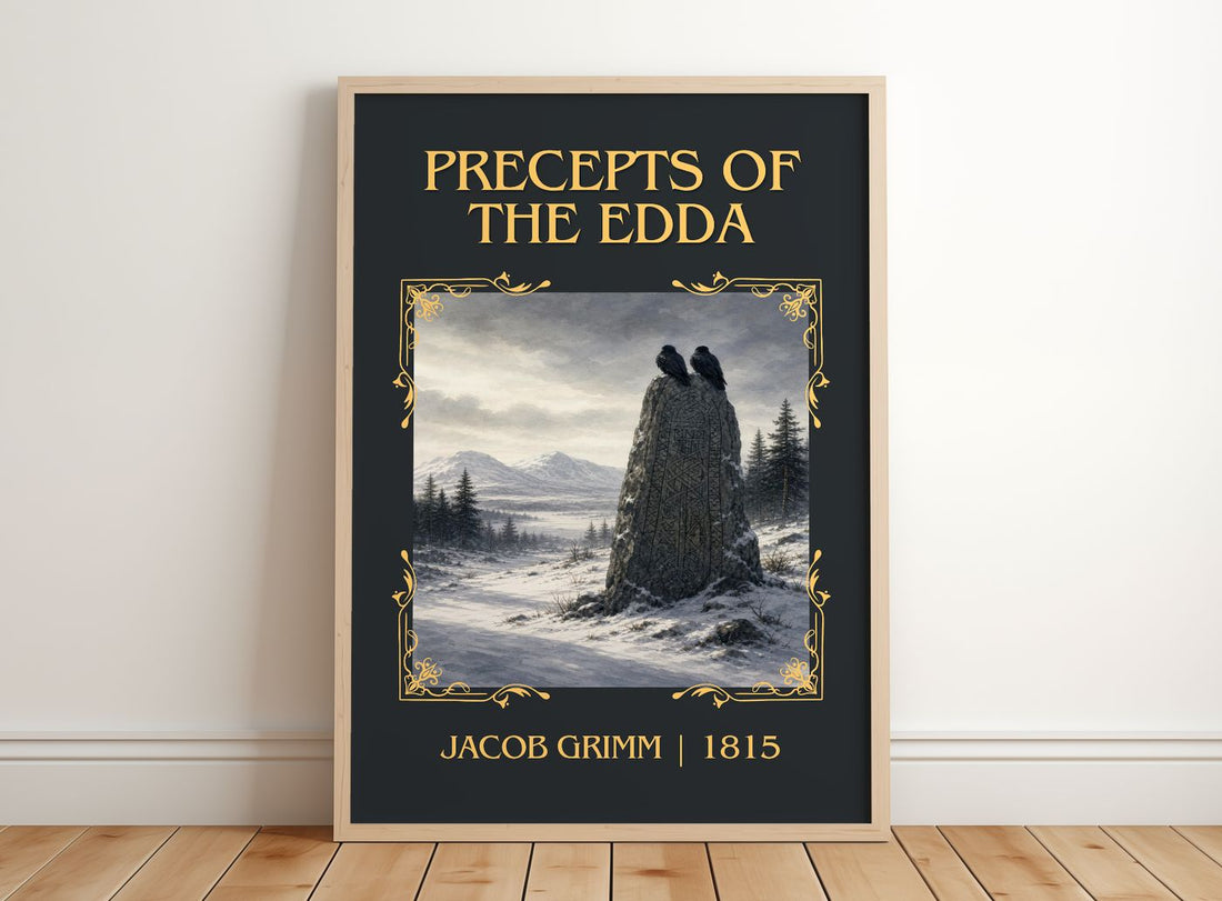 Precepts Of The Edda Classic Book Art Print by Jacob Grimm – framed print leaning on a wooden floor