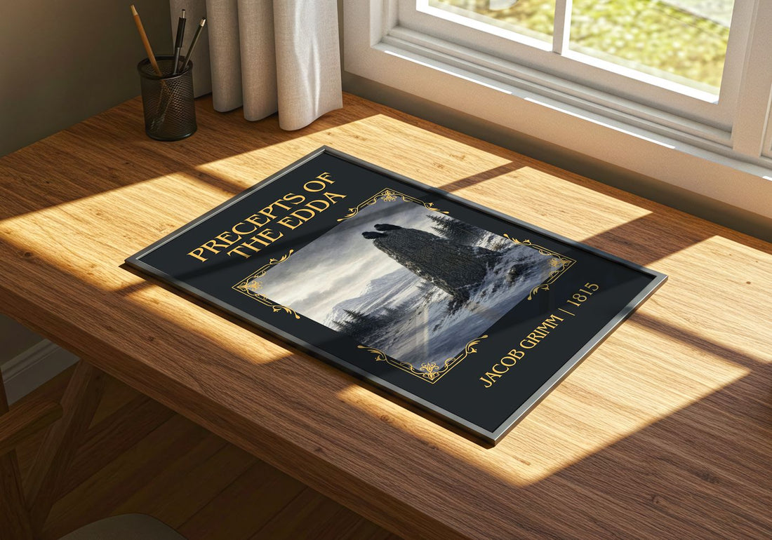Precepts Of The Edda Classic Book Art Print by Jacob Grimm – print on a sunlit desk