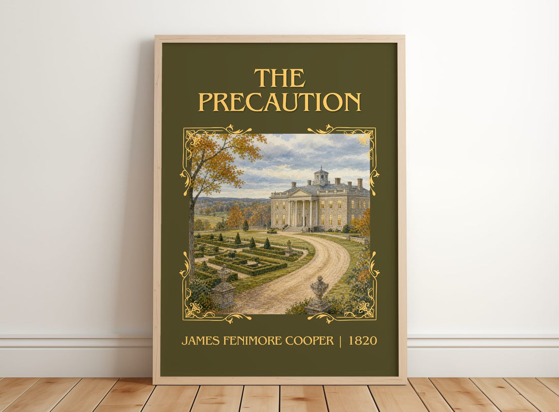 The Precaution Classic Book Art Print by James Fenimore Cooper – framed print leaning on a wooden floor