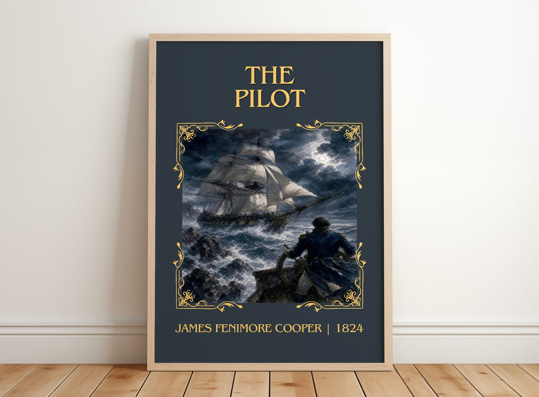 The Pilot Classic Book Art Print by James Fenimore Cooper – framed print leaning on a wooden floor